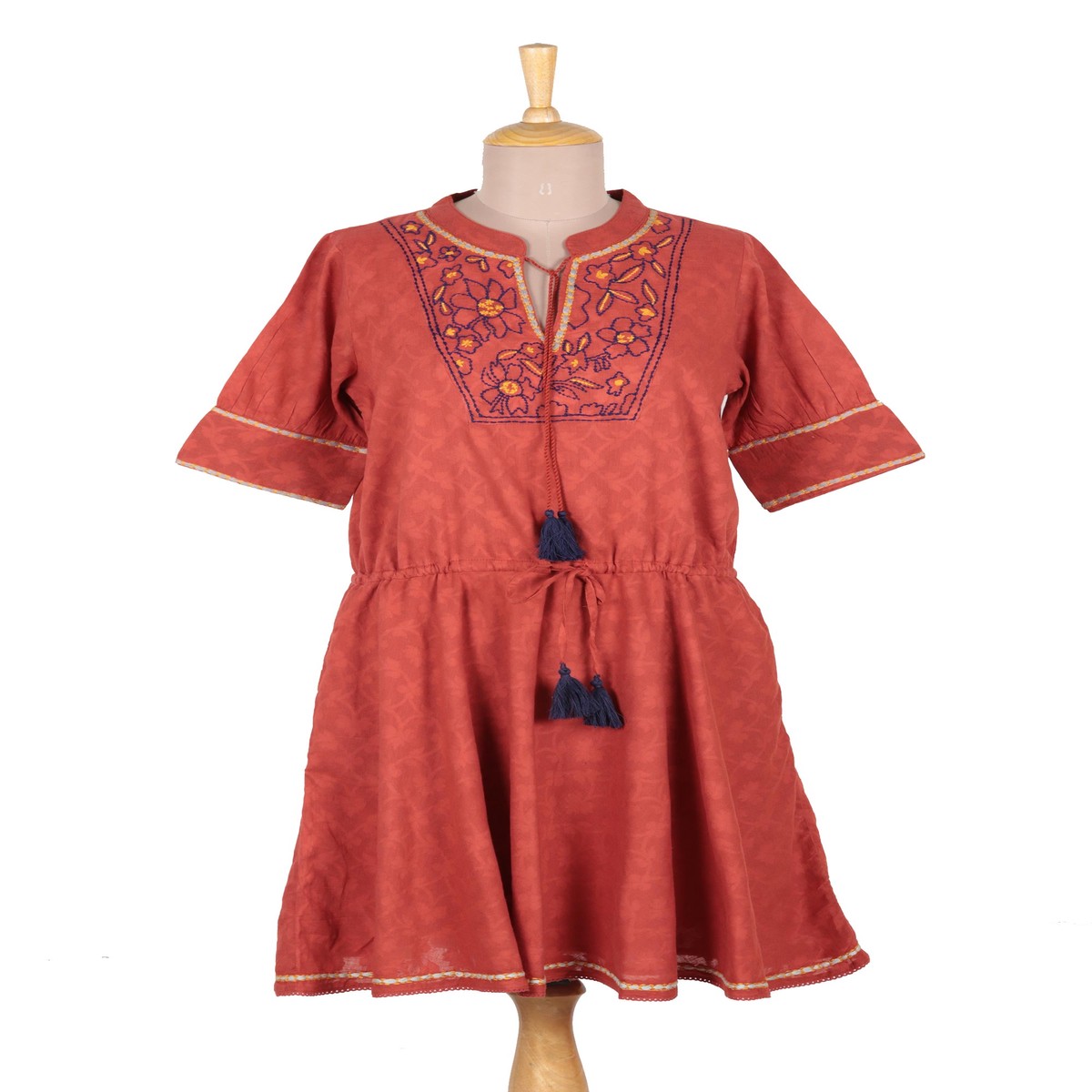 Floral Embroidered Cotton A-Line Dress in Paprika from India – Delhi Spring in Russet – M (member)