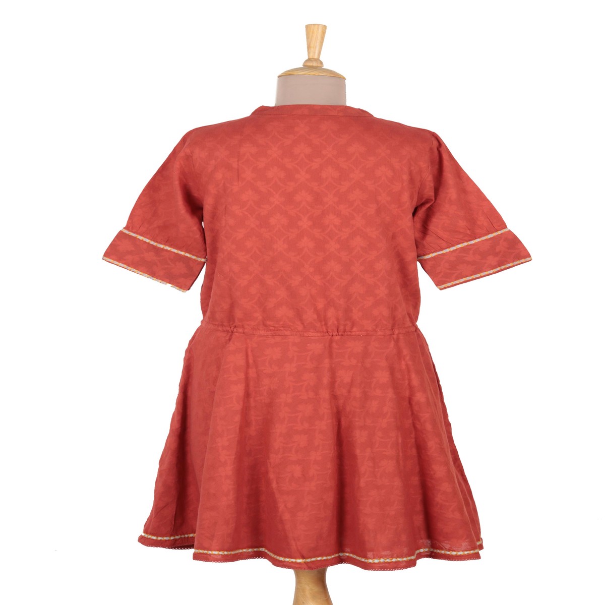 Floral Embroidered Cotton A-Line Dress in Paprika from India – Delhi Spring in Russet – XL