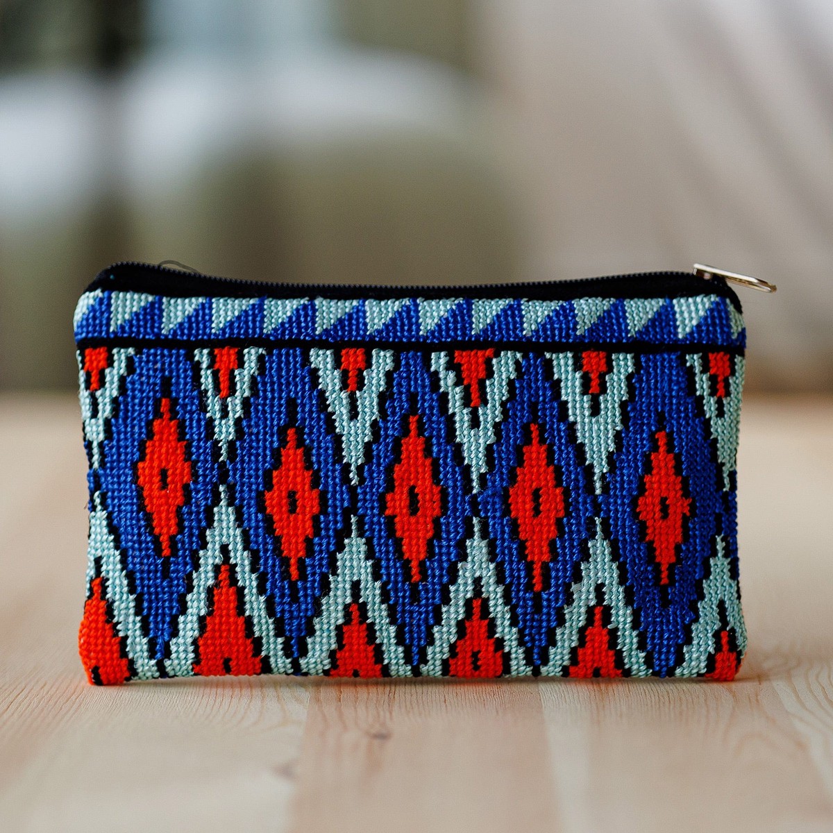 Geometric Patterned Embroidered Cosmetic Bag in Blue Hues – Ocean Geometry