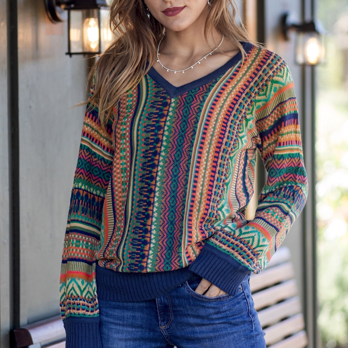 Geometric-Themed Knit Baby Alpaca Blend Pullover Sweater – Earthy Threads – XXL (member)