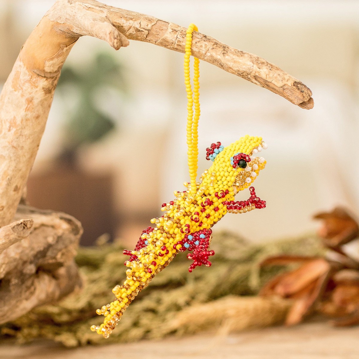 Glass Beaded Crocodile-Themed Ornament in Yellow and Red – Vibrant Ferocious Friend