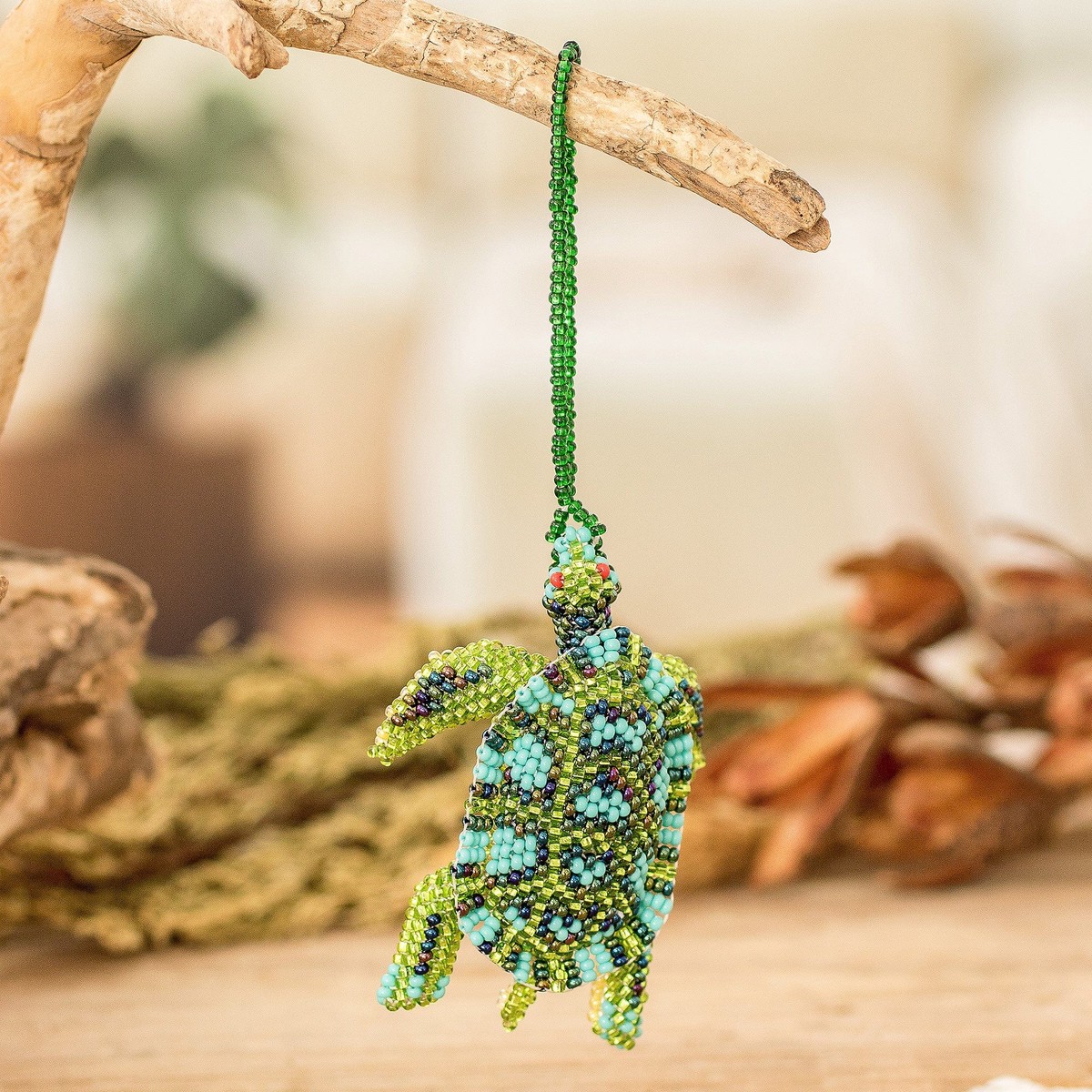 Glass Beaded Sea Turtle-Themed Ornament in Green and Aqua – Dreamy Sea Turtle