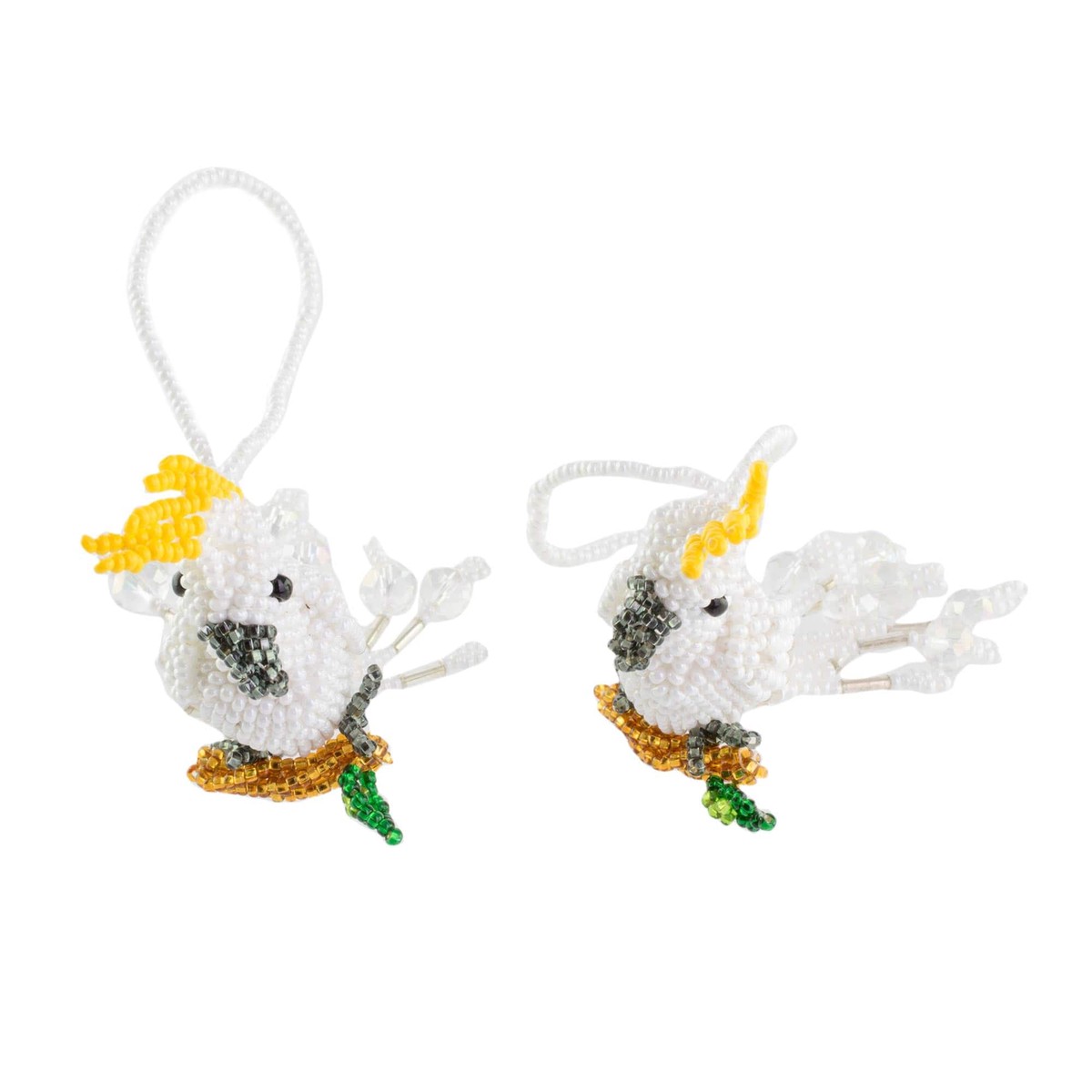 Glass Beaded White Cockatoo Ornaments from Guatemala (Pair) – White Cockatoos (member)