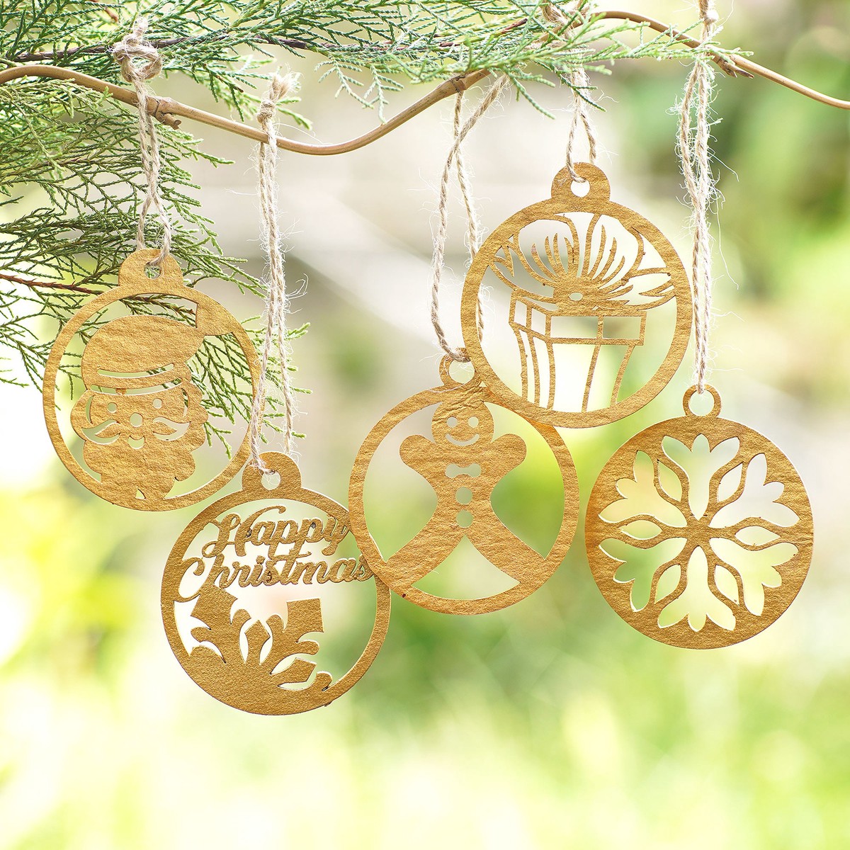 Gold-Toned Ornaments with Natura Fiber Cords (Set of 5) – Cute Celebration