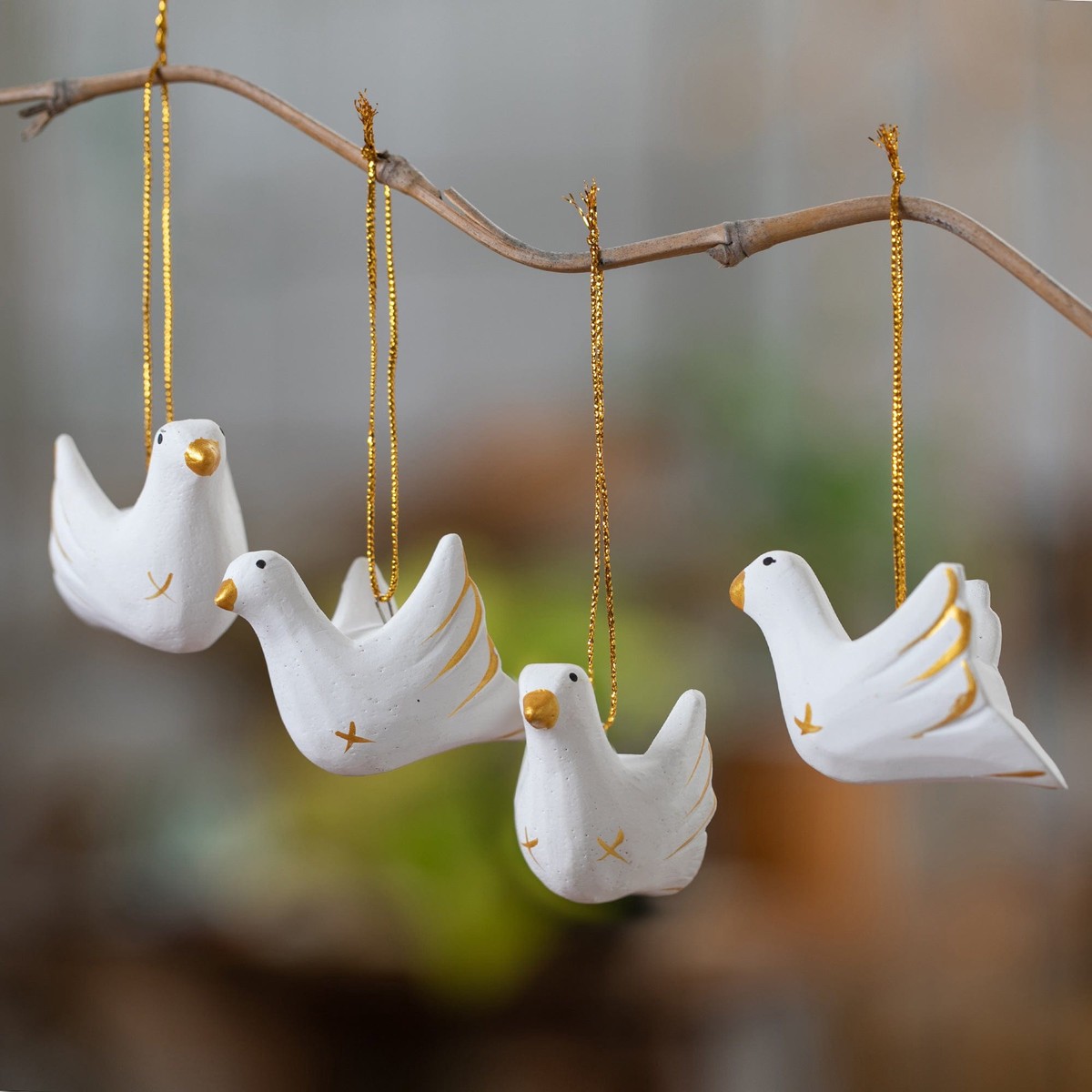 Golden and White 4-Piece Set of Dove-Shaped Wood Ornaments - Paradisial Doves