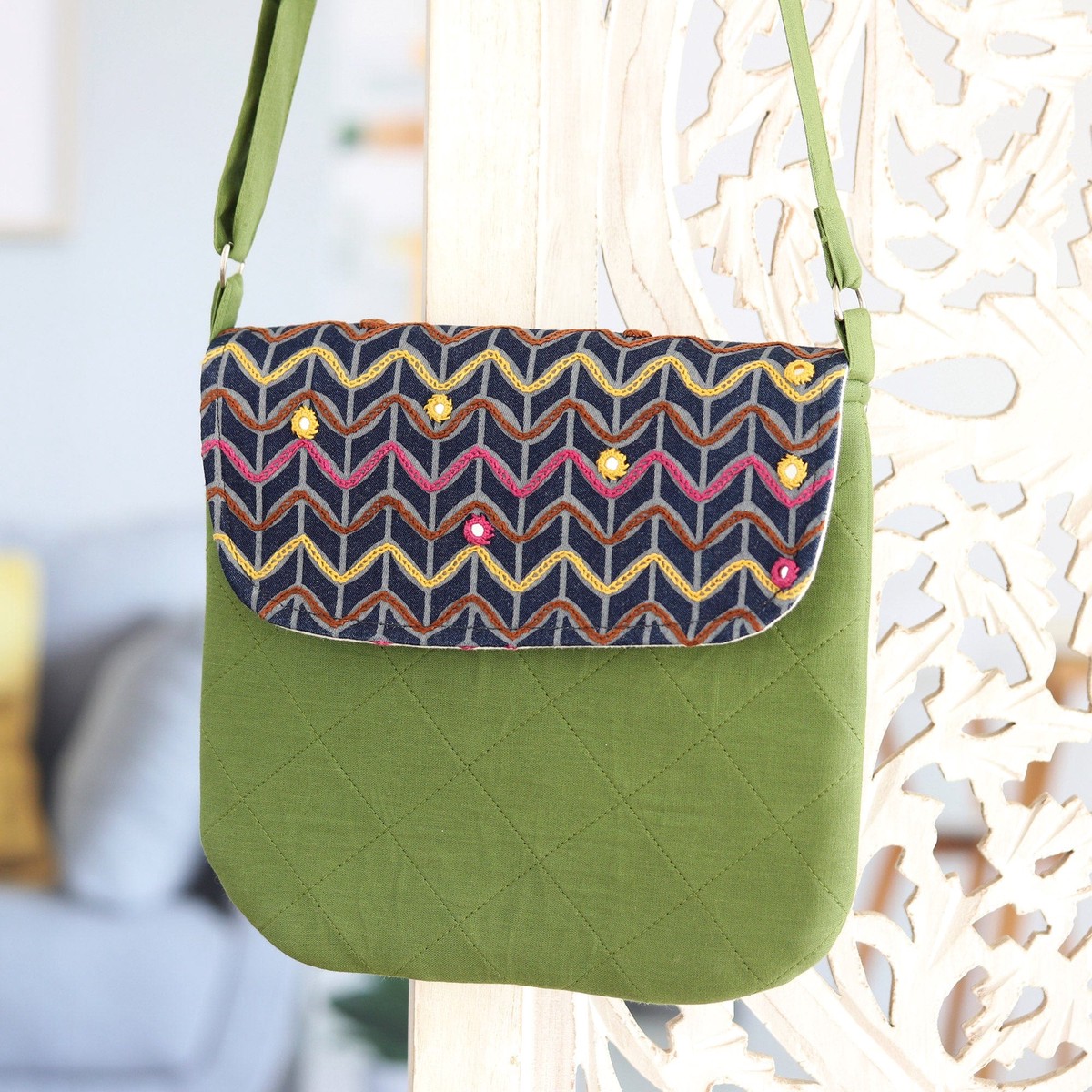 Green Cotton Sling Bag with Colorful Embroidered Details – Spring Waves