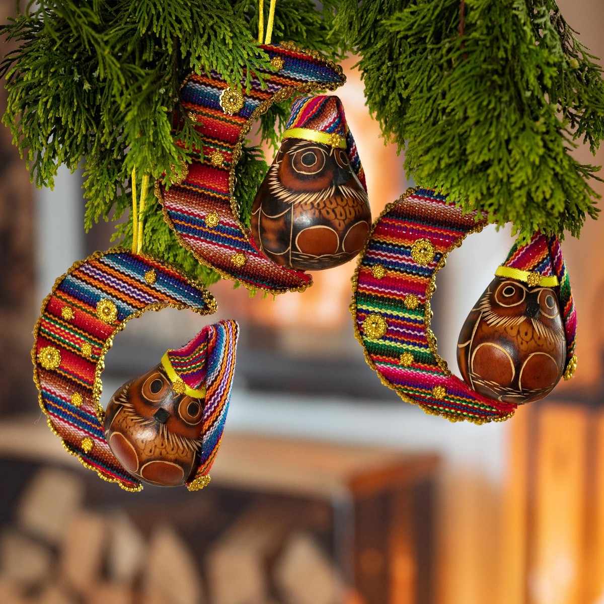 Gourd and Cotton Bird Holiday Ornaments (Set of 3) - Happy Hoots