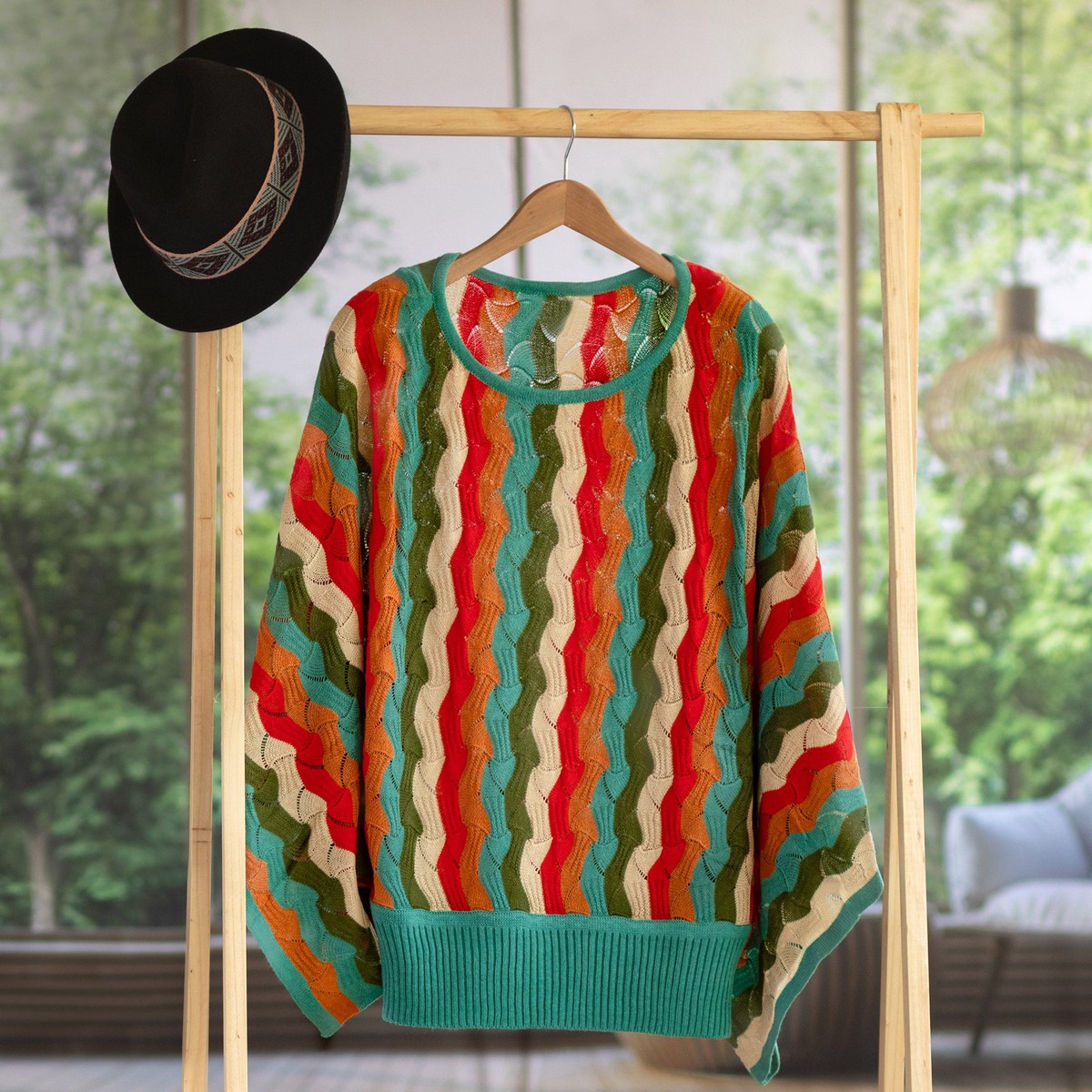 Green and Scarlet Vertical Stripe Alpaca Blend Sweater - Tropical Heatwaves - L/XL