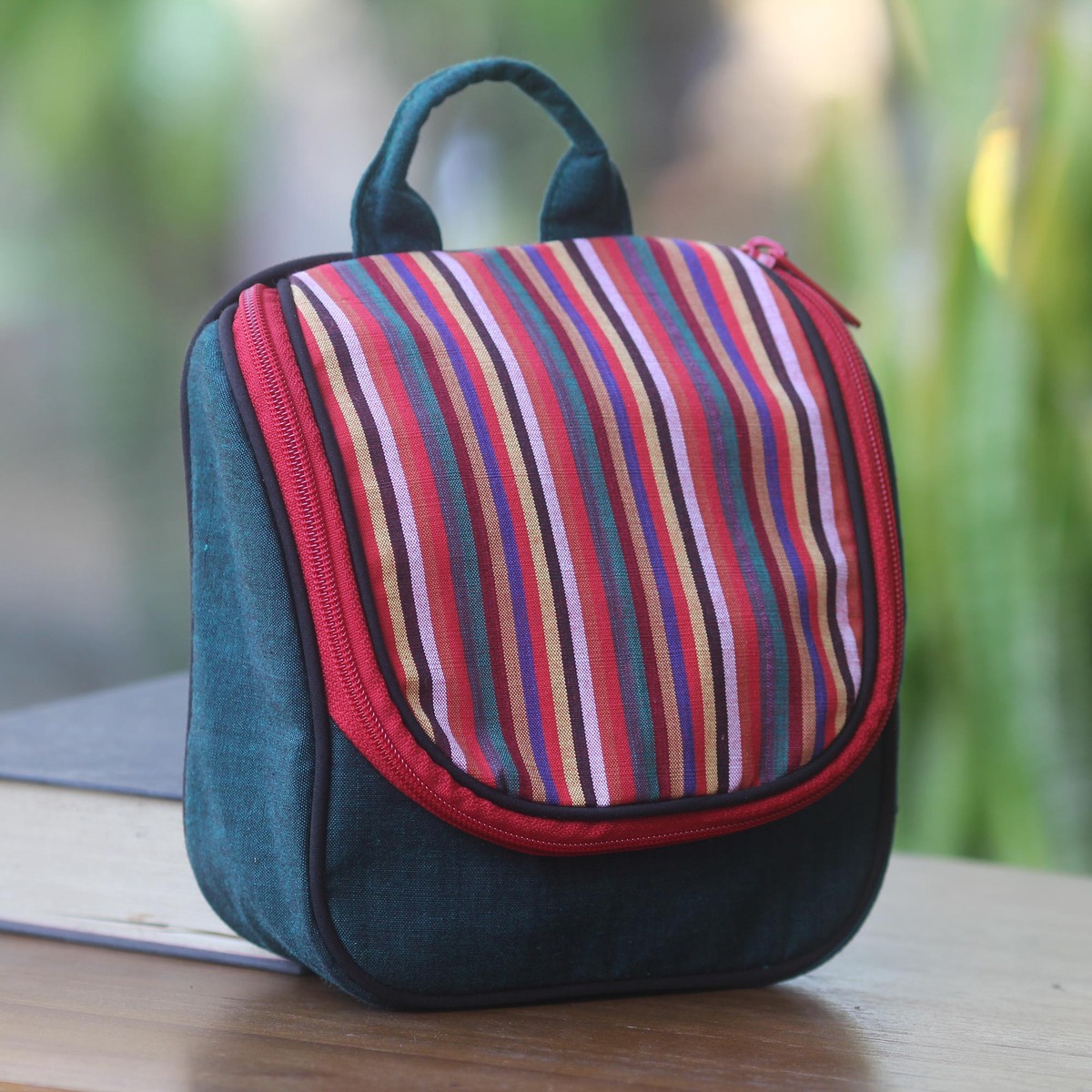 Green Cotton Hanging Toiletry Bag with Multi Color Flap – Green Jogja