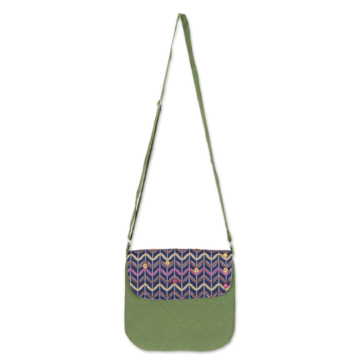 Green Cotton Sling Bag with Colorful Embroidered Details – Spring Waves (member)