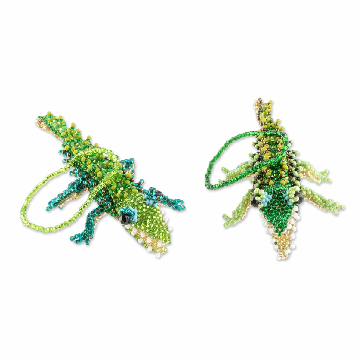 Green Glass Beaded Crocodile Ornaments from Guatemala (Pair) - Green Crocodiles (member)
