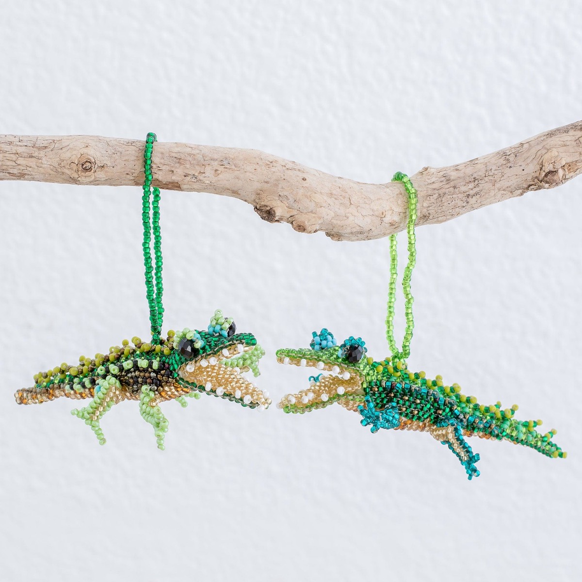 Green Glass Beaded Crocodile Ornaments from Guatemala (Pair) - Green Crocodiles