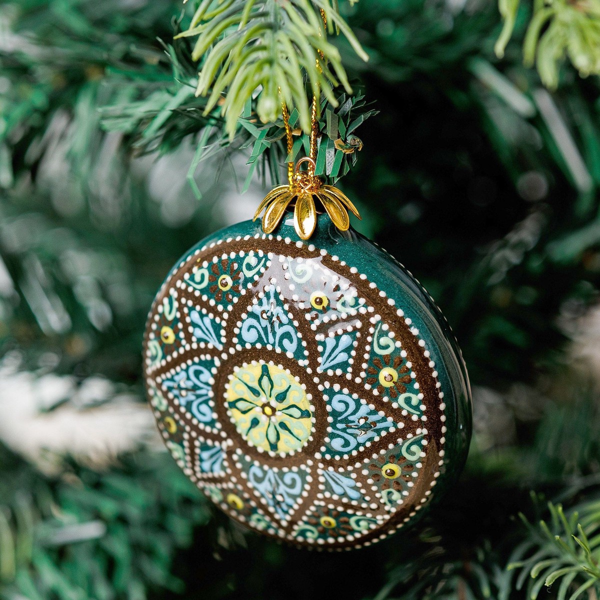 Green Glazed Ceramic Floral Ornament Made & Painted by Hand - Winter Flower