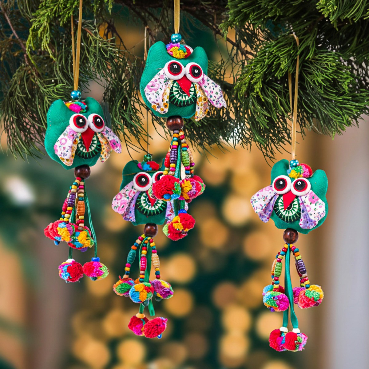Green-Palette Owl-Themed 4-Piece Cotton Blend Ornament Set - Lagoon Owls