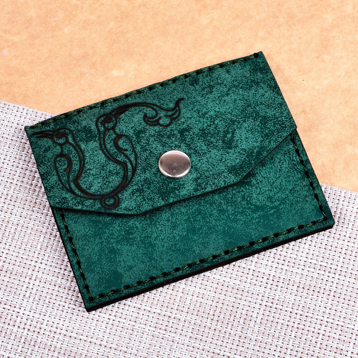 Green Suede Card Holder Accented with the Armenian Letter M – Days of Harmony