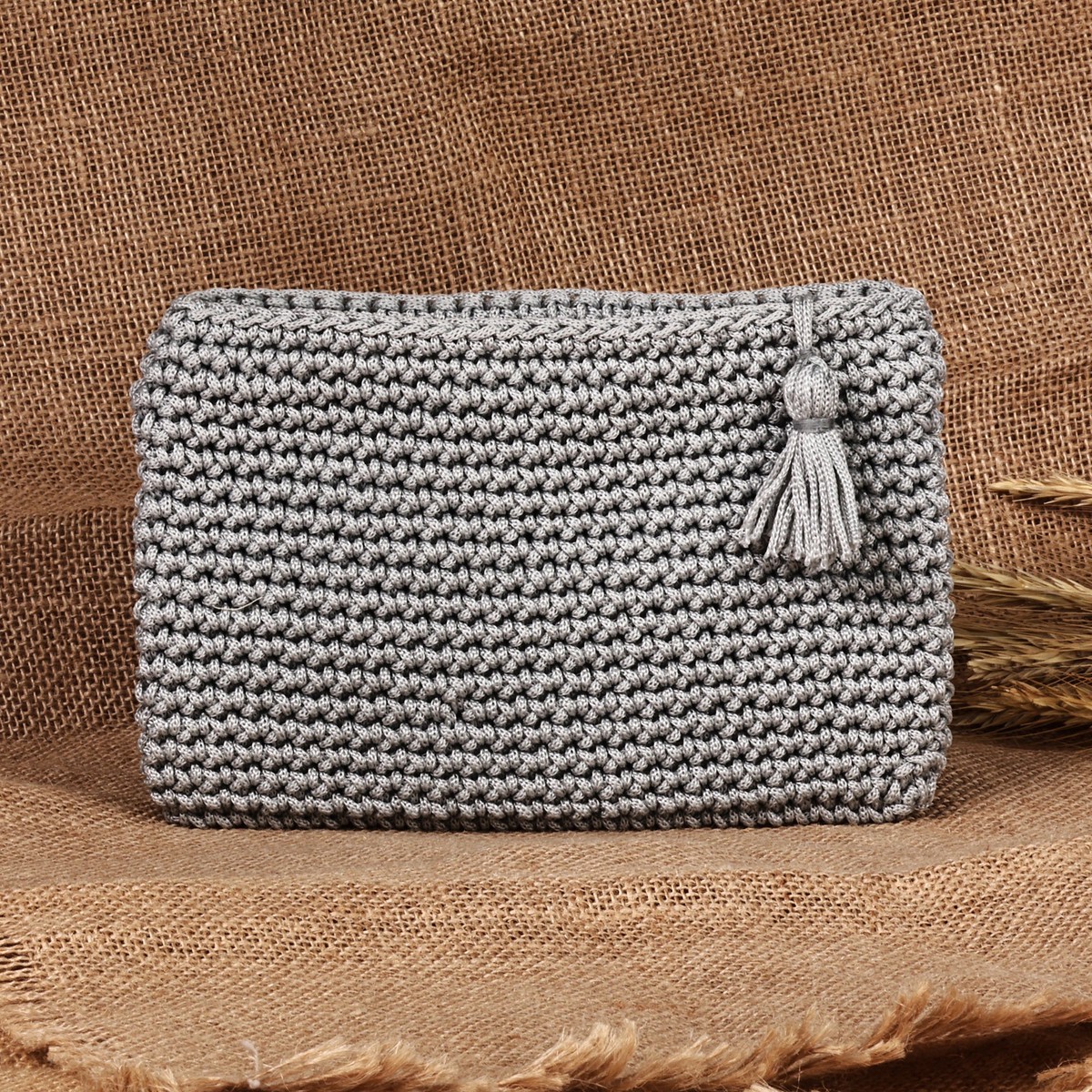 Grey Crocheted Cosmetic Bag with Tassel Handmade in Armenia – Beauty Essentials