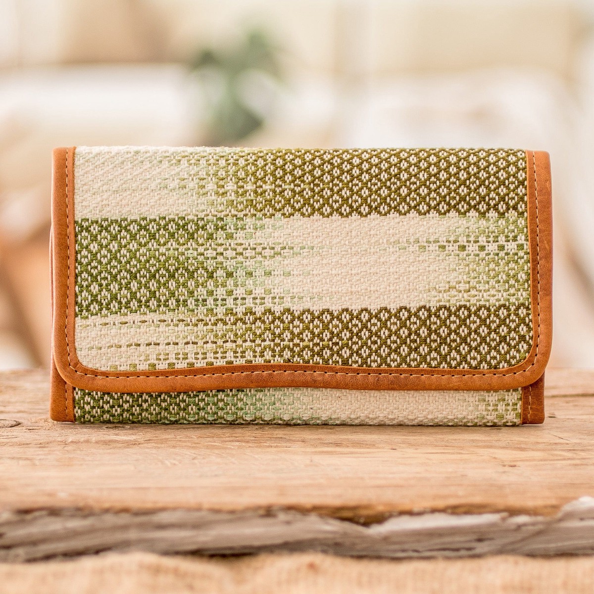 Green and White Hand-Woven Cotton Wallet with Leather Trim – Colors of Tradition in Green