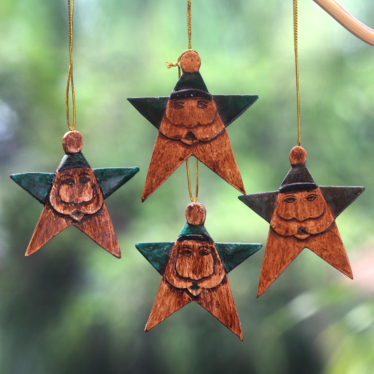 Green Santa Stars Wood Ornaments Handmade in Bali (Set of 4) - Green Santa Stars