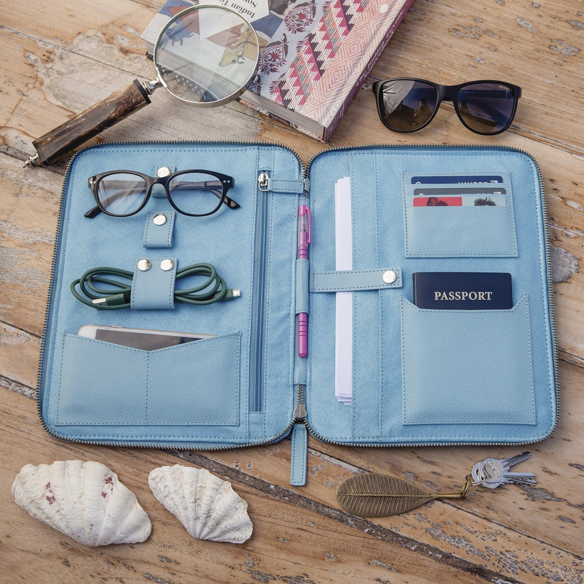 Grey Leather Travel Office Folio – Ultimate Travel Folio in Blue