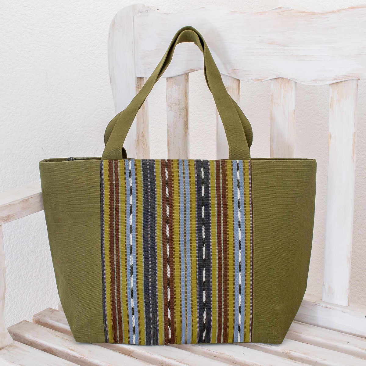 Green Striped Cotton Tote Bag Handwoven in Guatemala – Maya Meadows