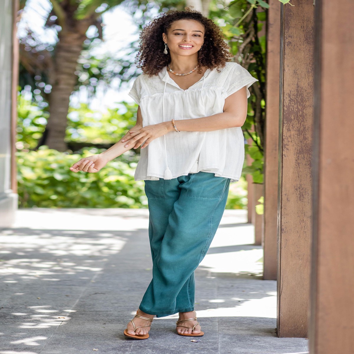Green Viscose Twill Pants from India – Simple Style in Green – S