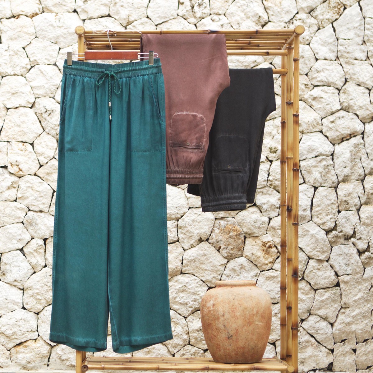Green Viscose Twill Pants from India – Simple Style in Green – XL
