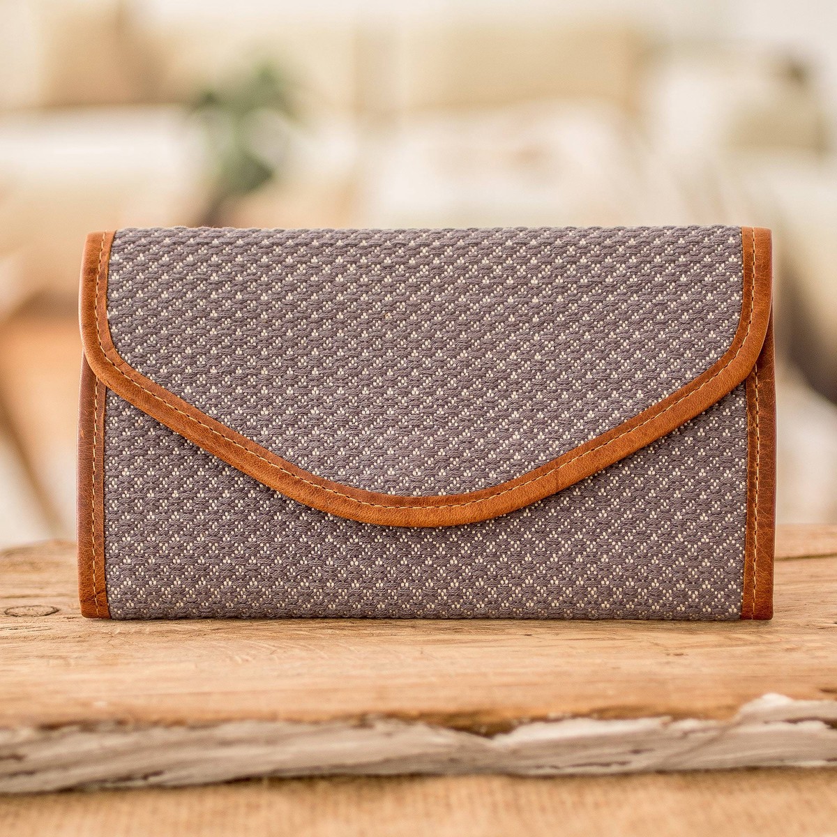Grey and White Hand-Woven Cotton Wallet with Leather Trim – Weaving Stories in Grey