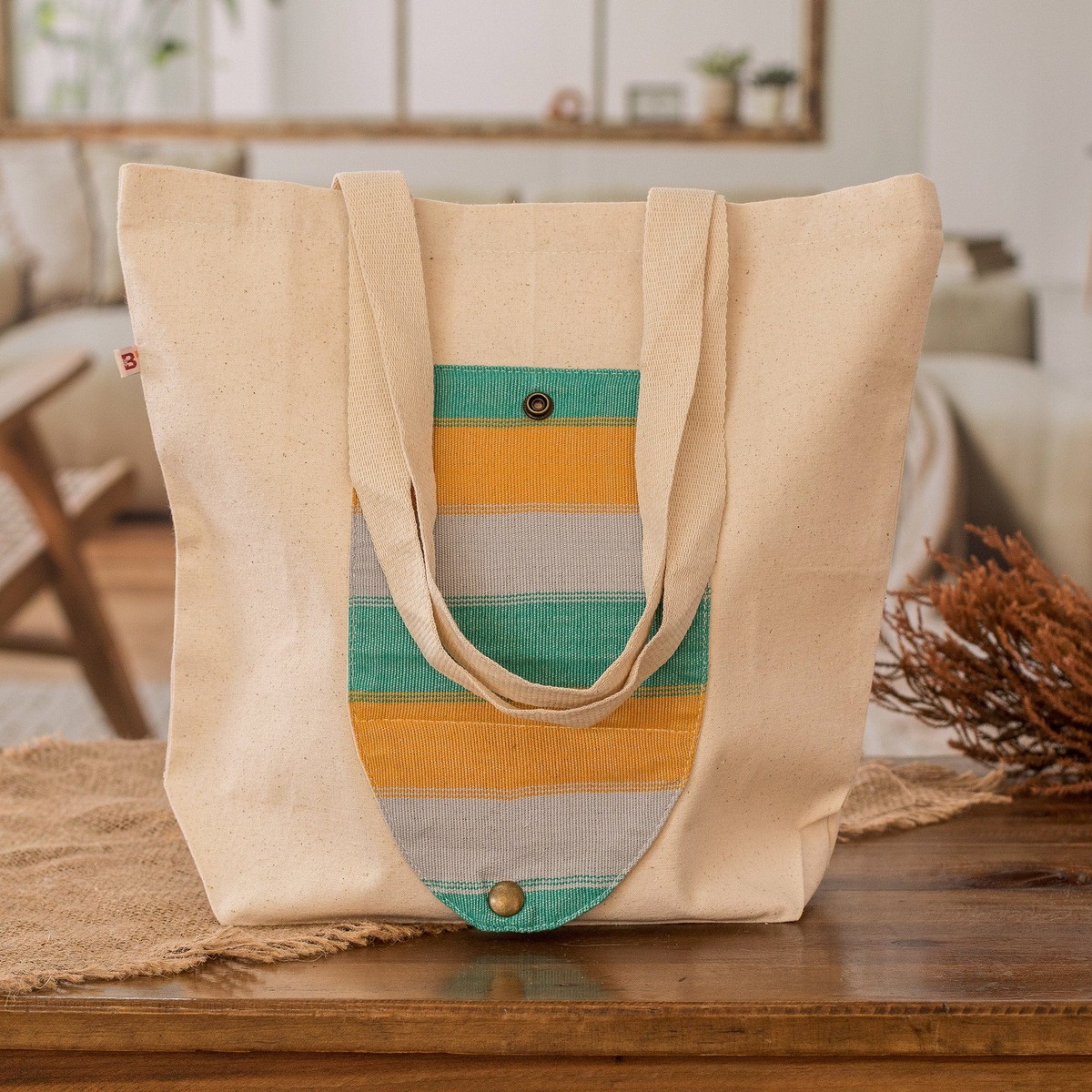 Guatemalan Hand-Woven Foldable Cotton Tote Bag with Stripes – Jade