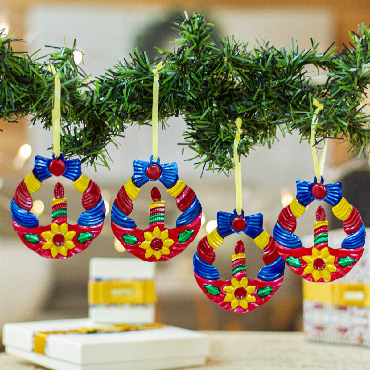 Hammered Tin Wreath Ornaments from Mexico (Set of 4) - Candlelit Wreaths in Fuchsia