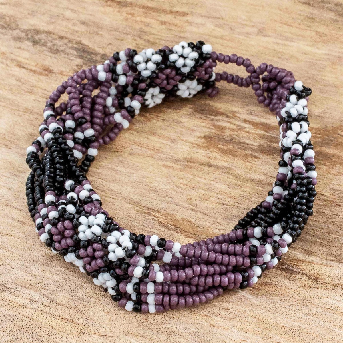 Hand Beaded Glass Bracelet – Flower Harmony in Plum