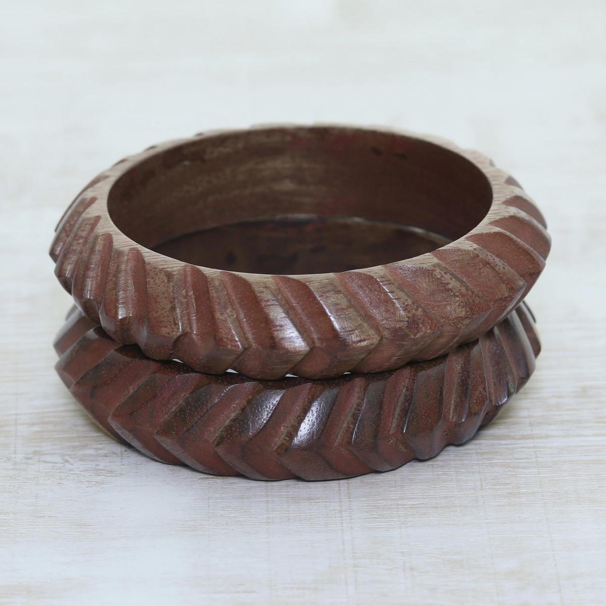 Hand Carved Angles Wood Bangle Bracelets from India (Pair) – Dimensions