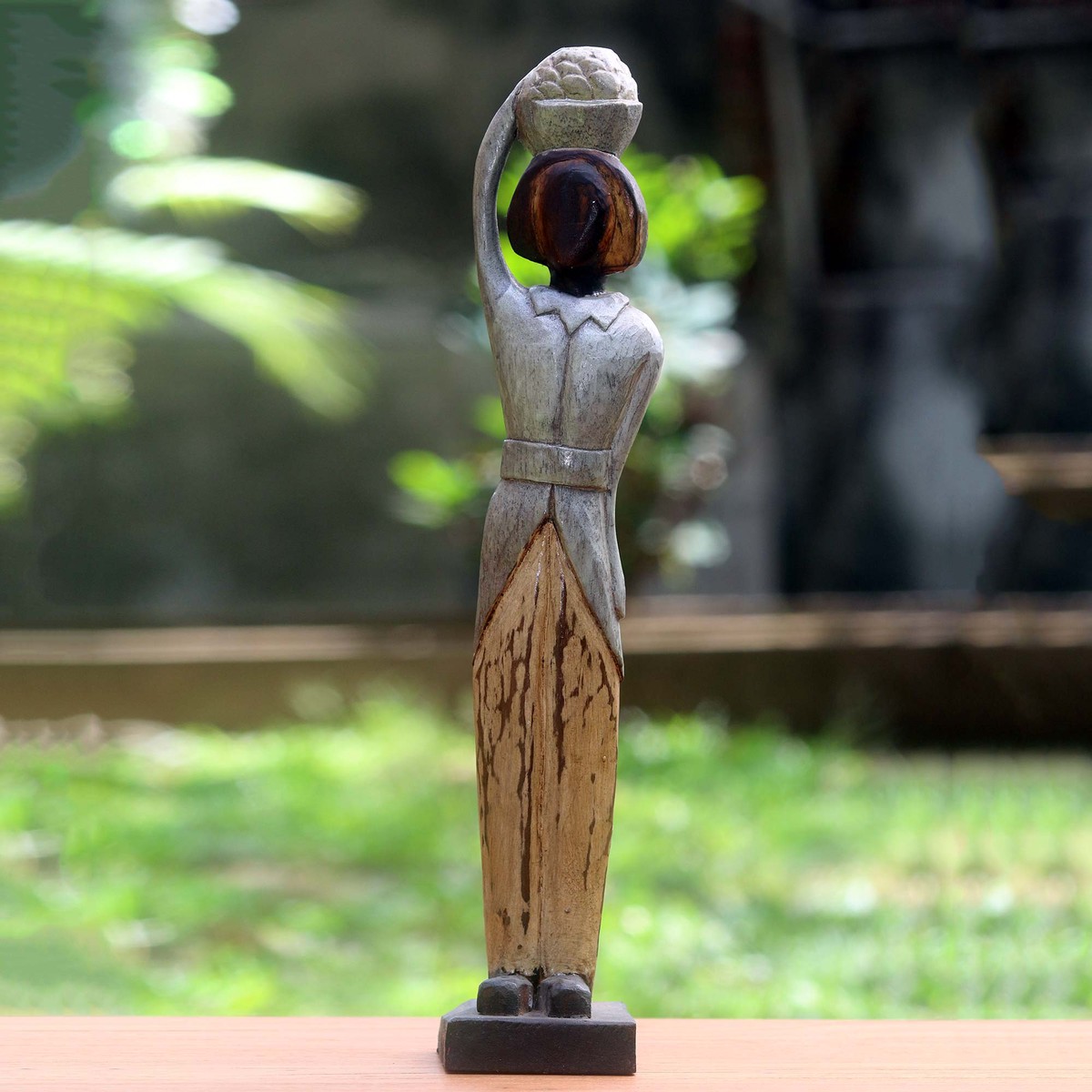 Hand Carved Antiqued Albesia Wood Sculpture from Bali – Balinese Lady