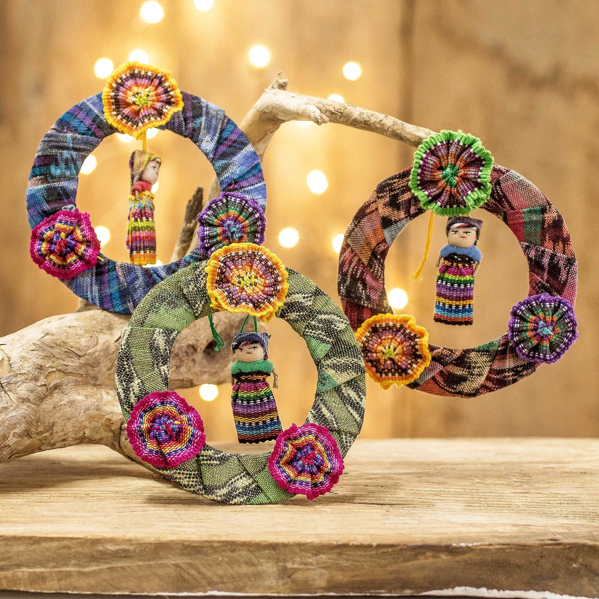 Guatemalan Set of 3 Handcrafted Cotton Doll Ornaments - Joyful Friends
