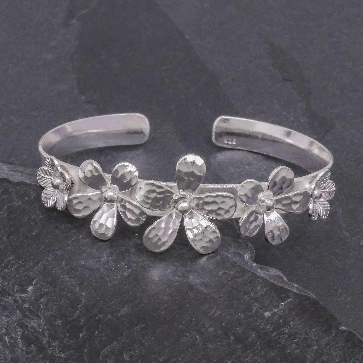 Hammered Sterling Silver Flower Cuff Bracelet – Blossom Row