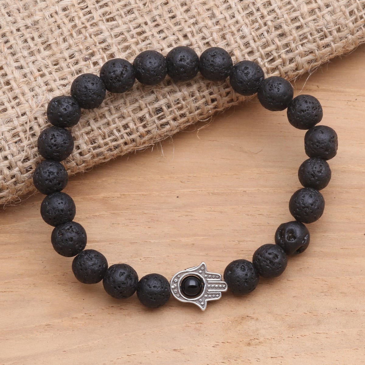 Hamsa Hand Lava Stone Stretch Bracelet with Onyx – Hamsa Hand