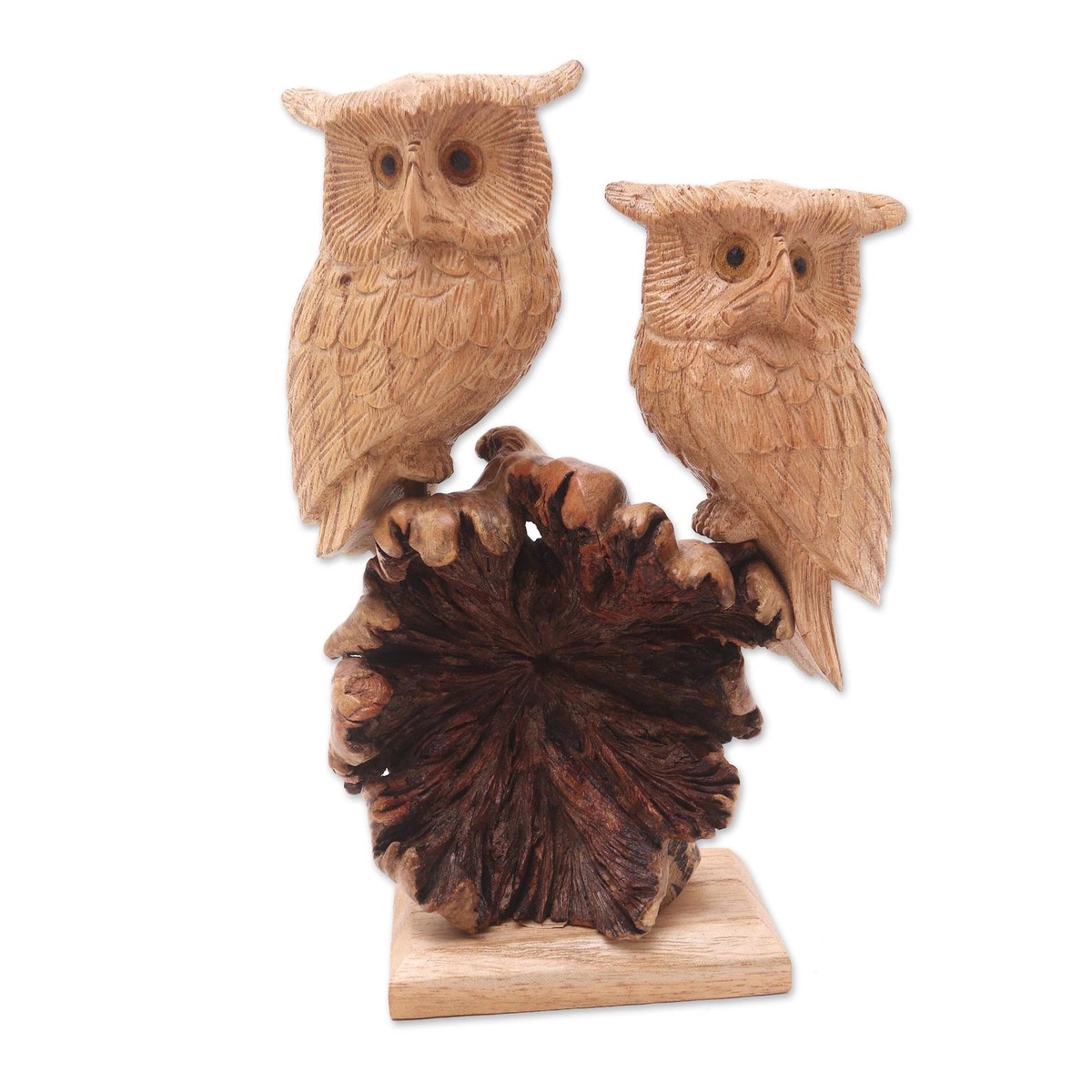 Hand Carved Jempinis and Benalu Wood Owl Sculpture – Romantic Owls (member)