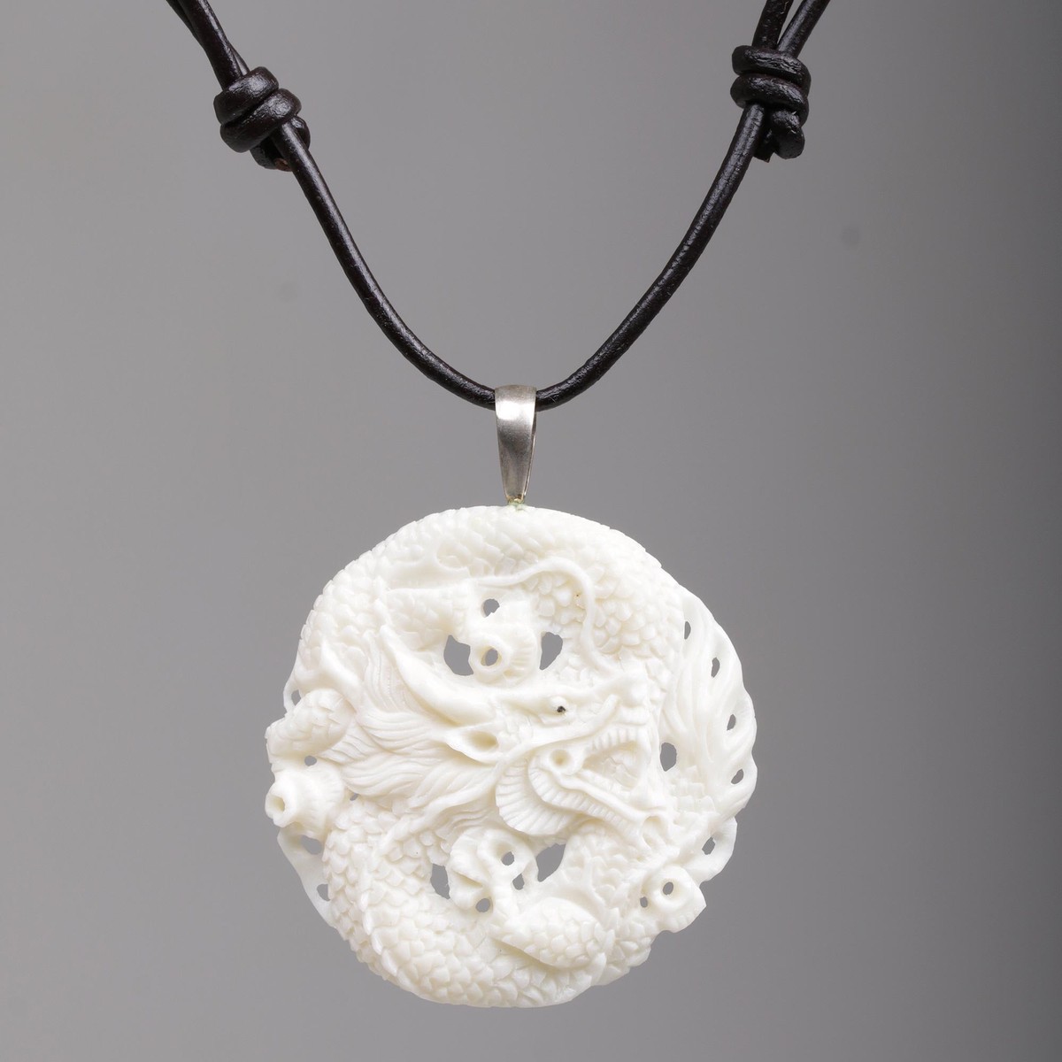 Hand Carved Bone Pendant Necklace Dragon from Indonesia – Guard Dragon