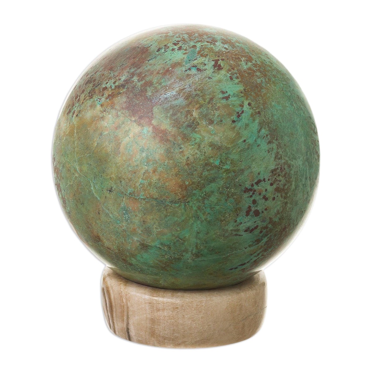 Hand Carved Chrysocolla Sphere Sculpture on Calcite Base – Earth’s Majesty (member)