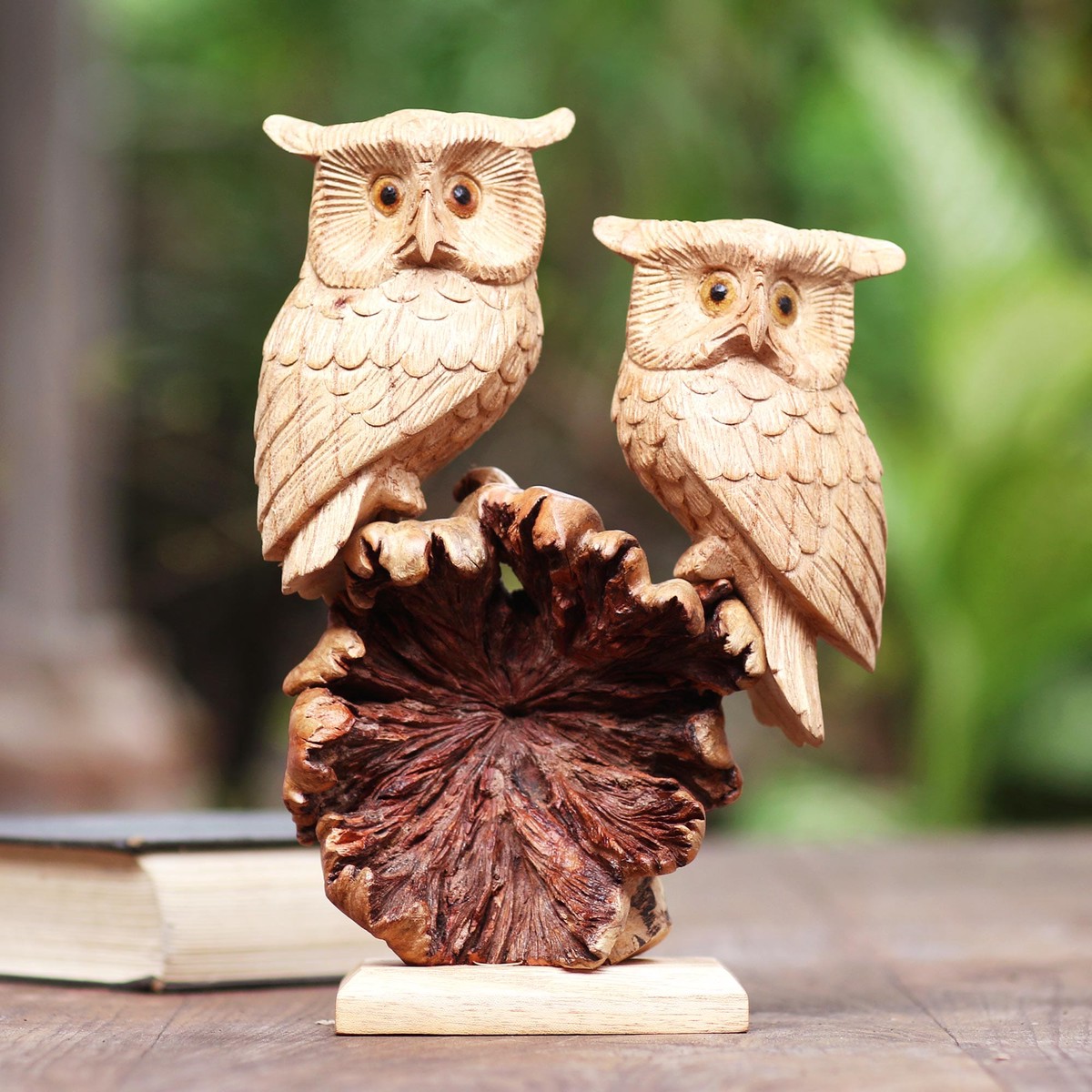 Hand Carved Jempinis and Benalu Wood Owl Sculpture – Romantic Owls