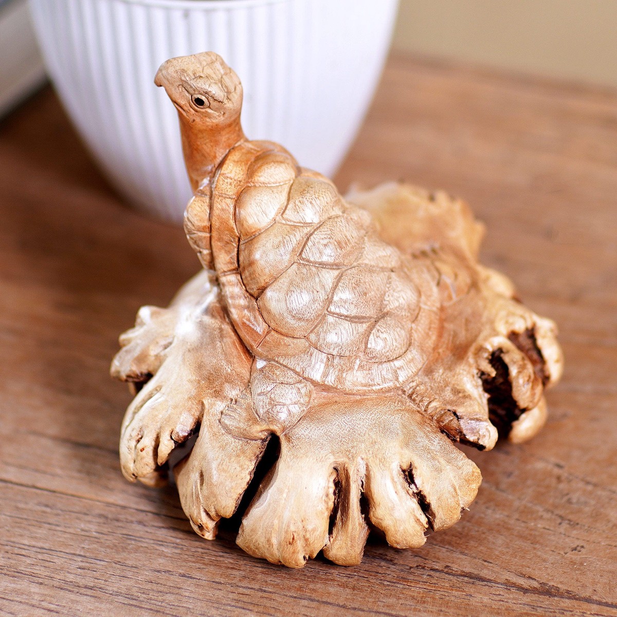 Hand Carved Jempinis Wood Turtle Sculpture – Struggling Turtle
