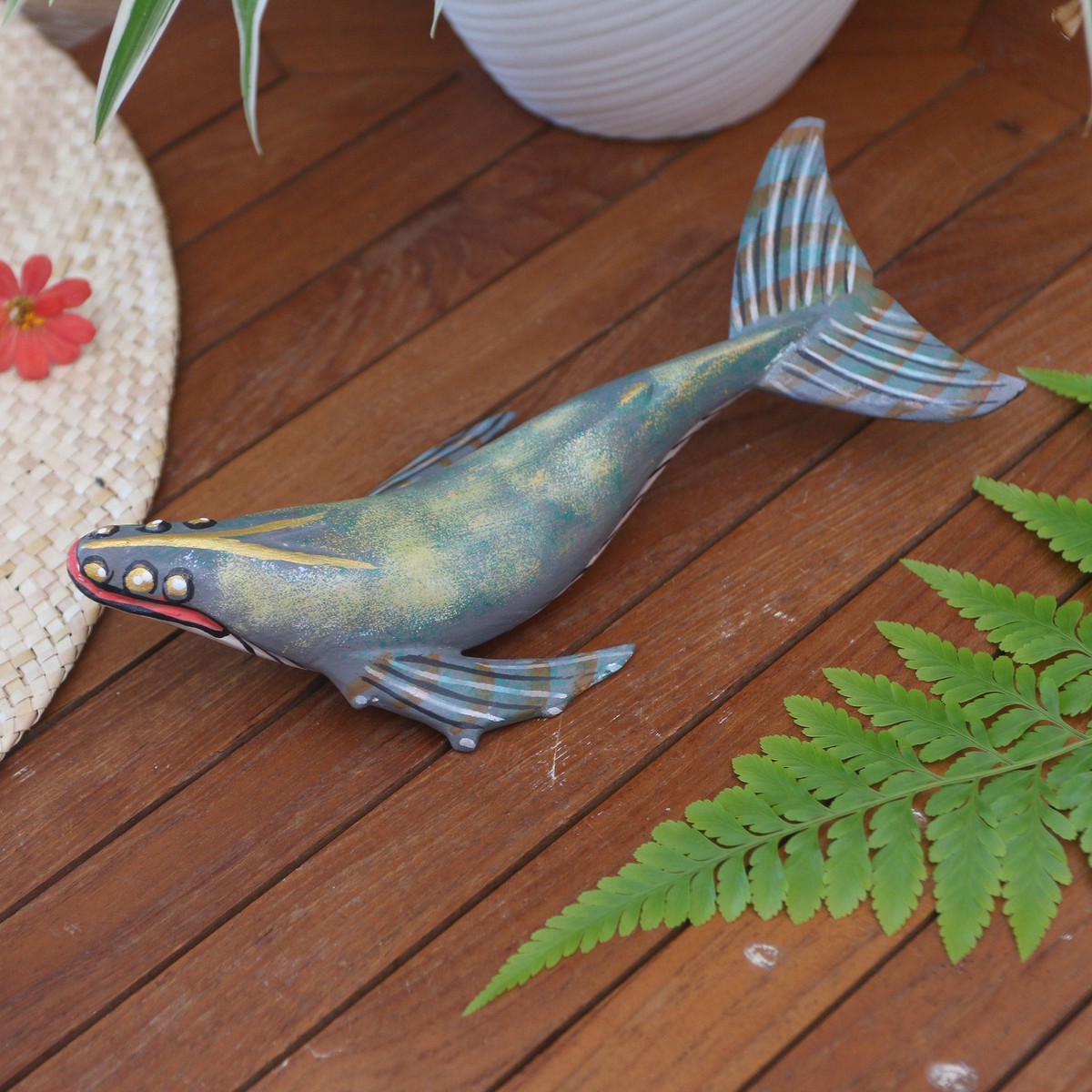 Hand Carved Jempinis Wood Whale Statuette – Basking Whale