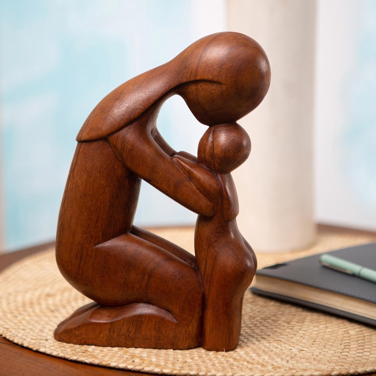 Hand Carved Mother and Child Wood Statuette – Lucky Daughter
