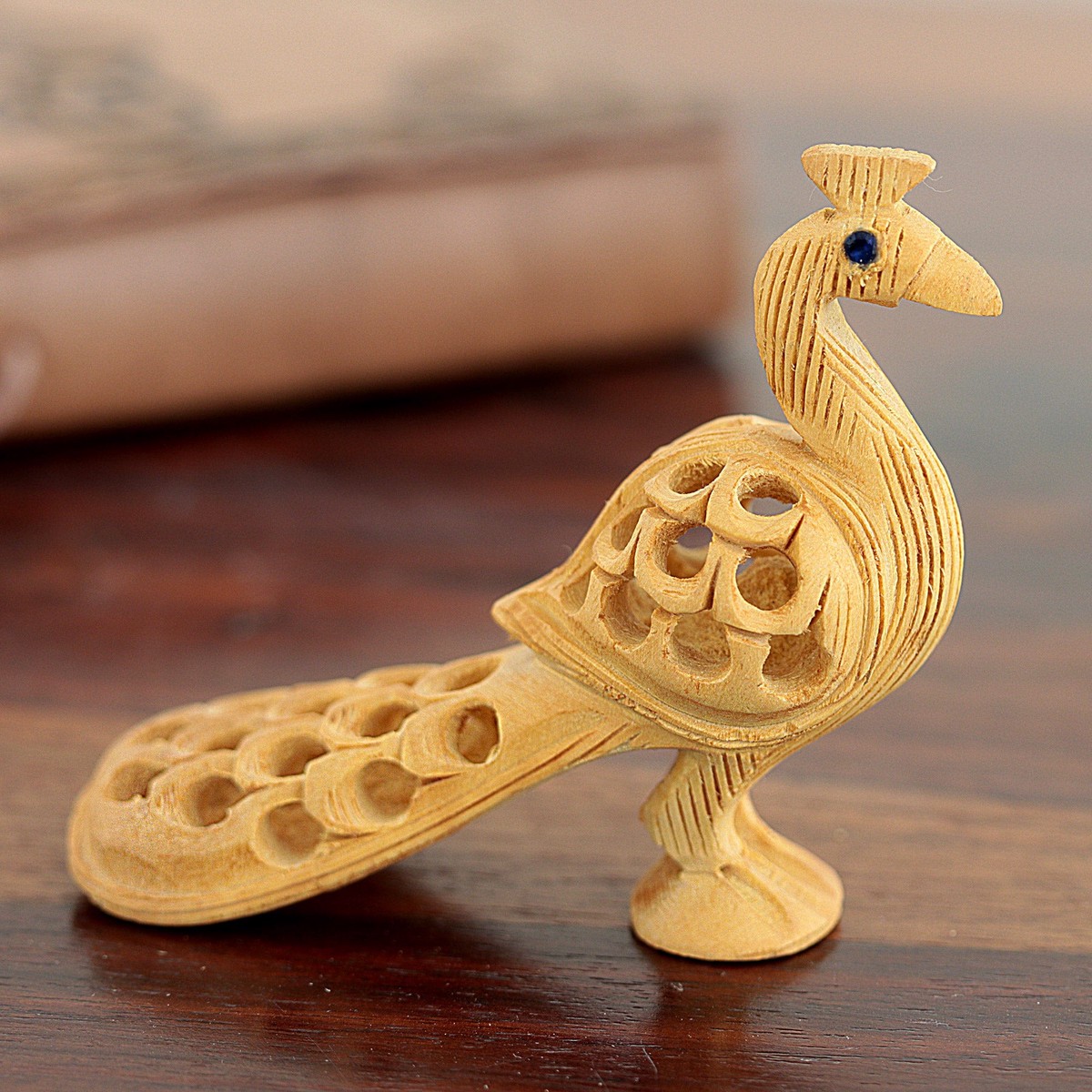 Hand Carved Natural Kadam Wood Sculpture from India – Opulent Peacock