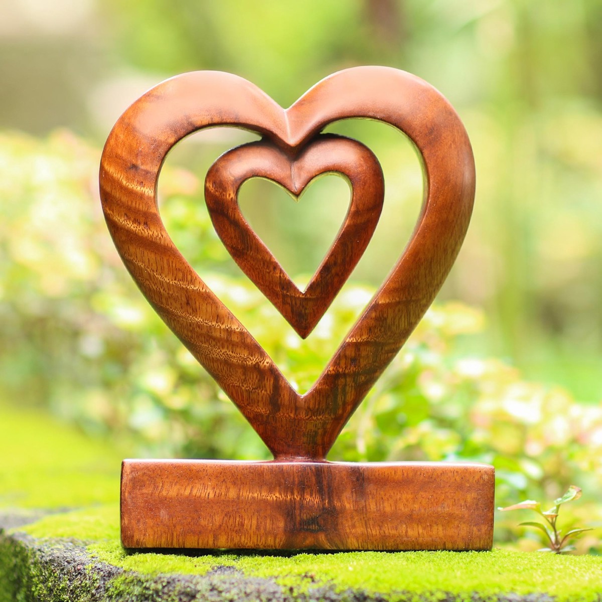 Hand Carved Natural Suar Wood Heart Statuette – Two Loves in Brown