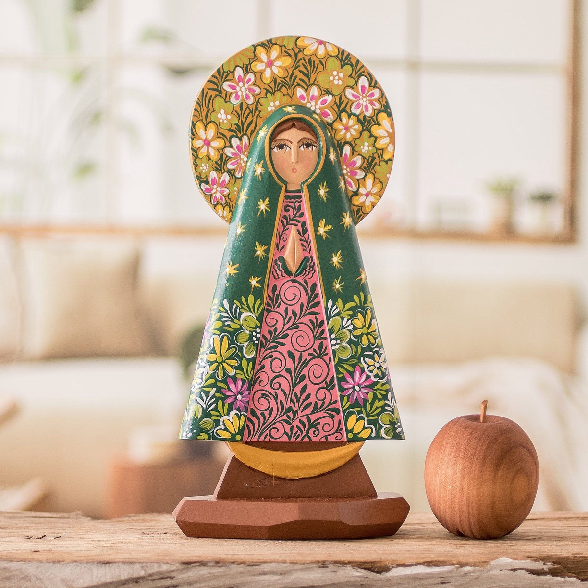 Hand Carved Nicaraguan Virgin of Guadalupe Sculpture – In Her Image
