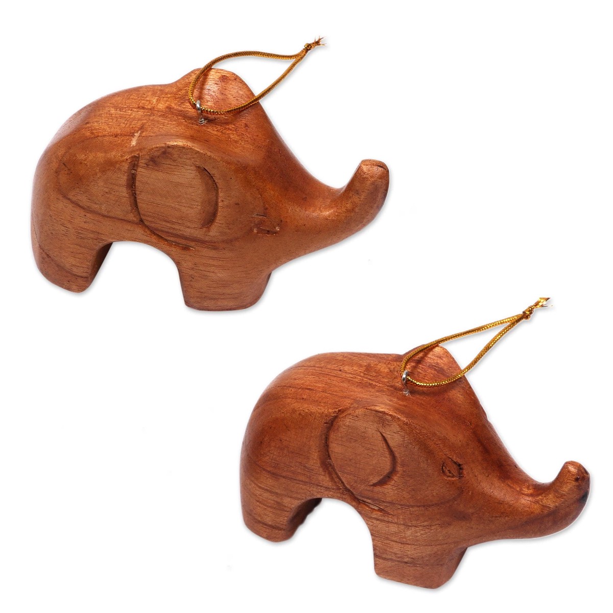 Hand Carved Petite Brown Elephant Wood Ornament Pair - Little Brown Elephants (member)