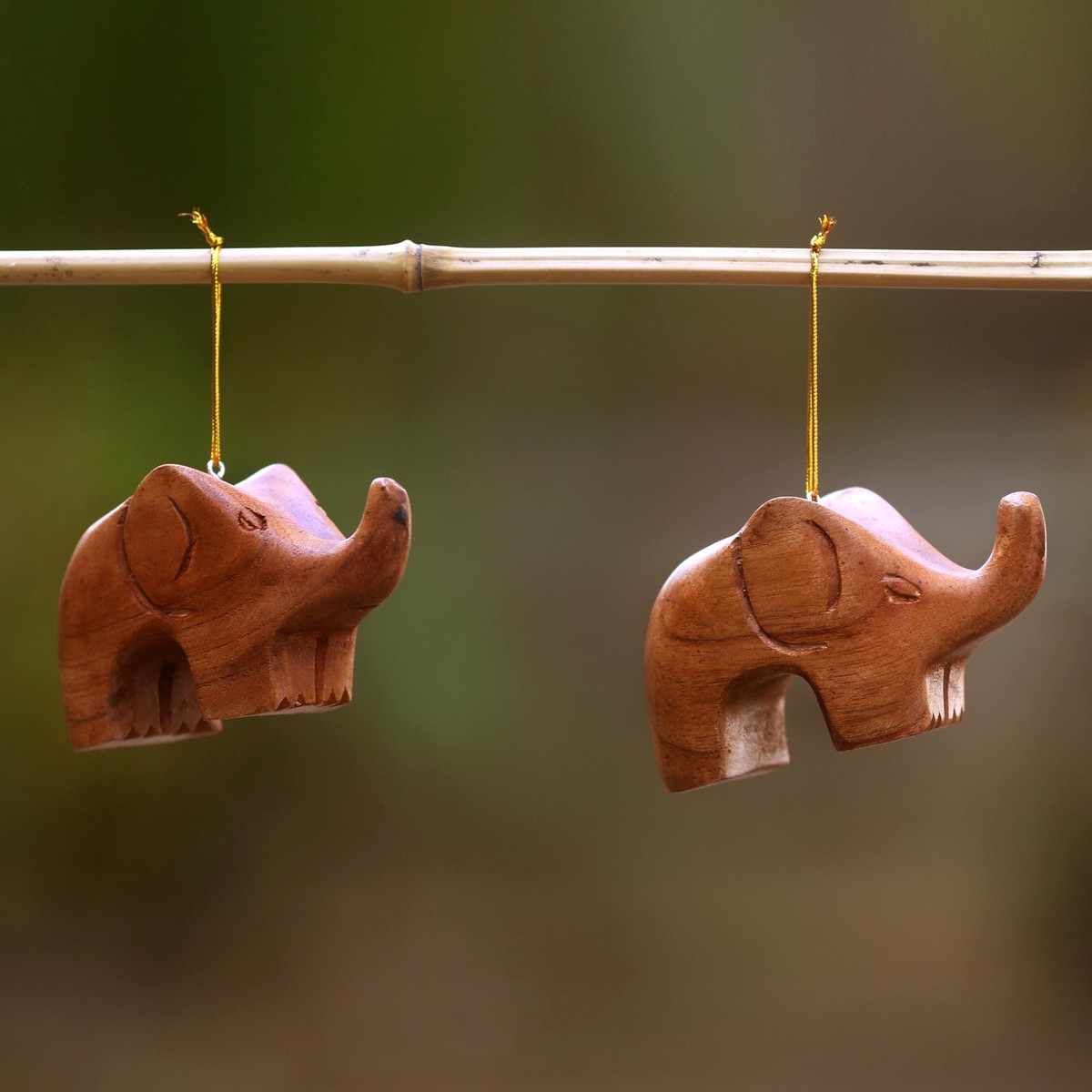 Hand Carved Petite Brown Elephant Wood Ornament Pair - Little Brown Elephants