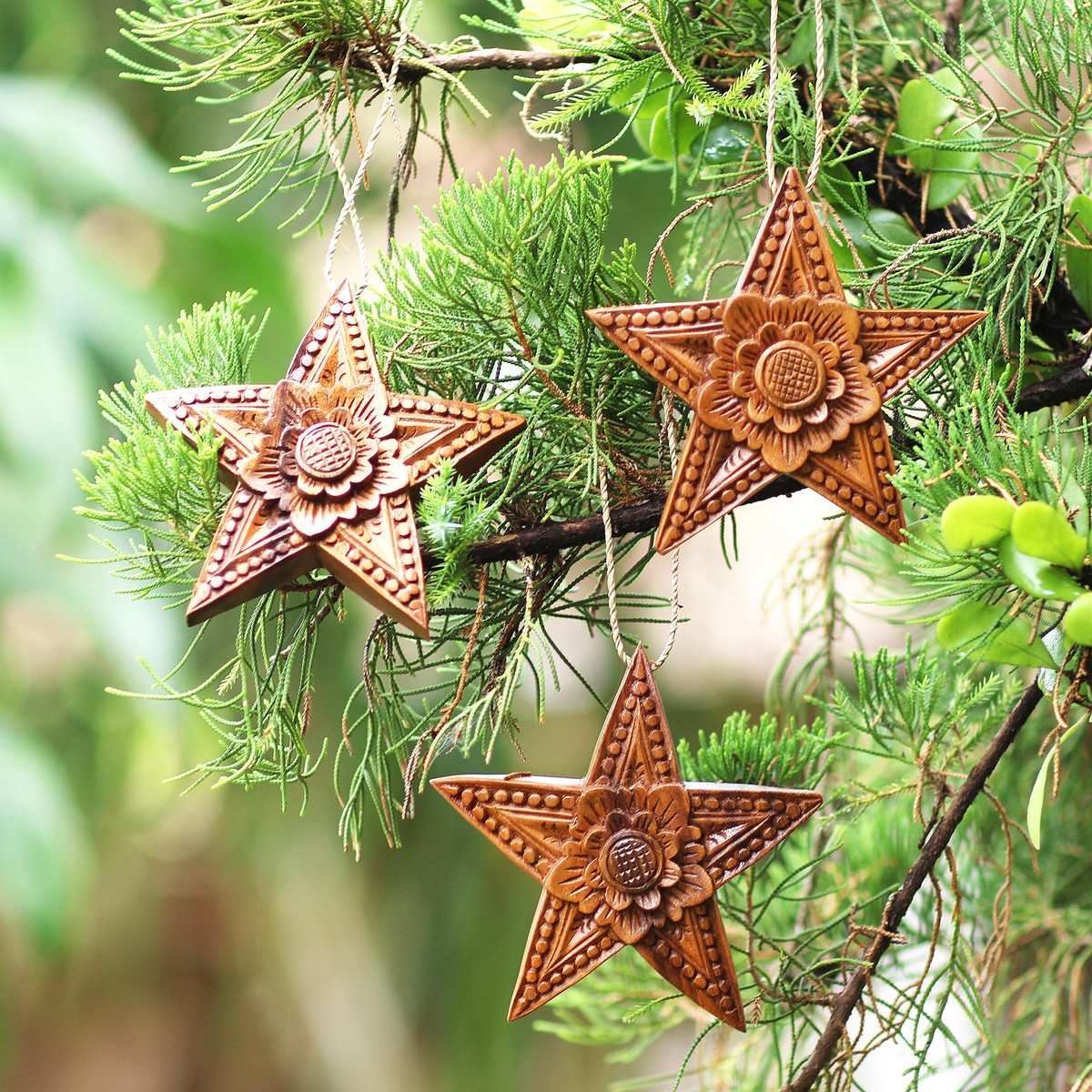 Hand Carved Star-Shaped Holiday Ornaments (Set of 3 - Sunny Christmas
