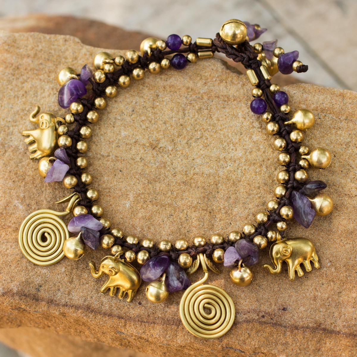 Hand Crafted Brass and Amethyst Elephant Charm Bracelet – Splendor of Siam