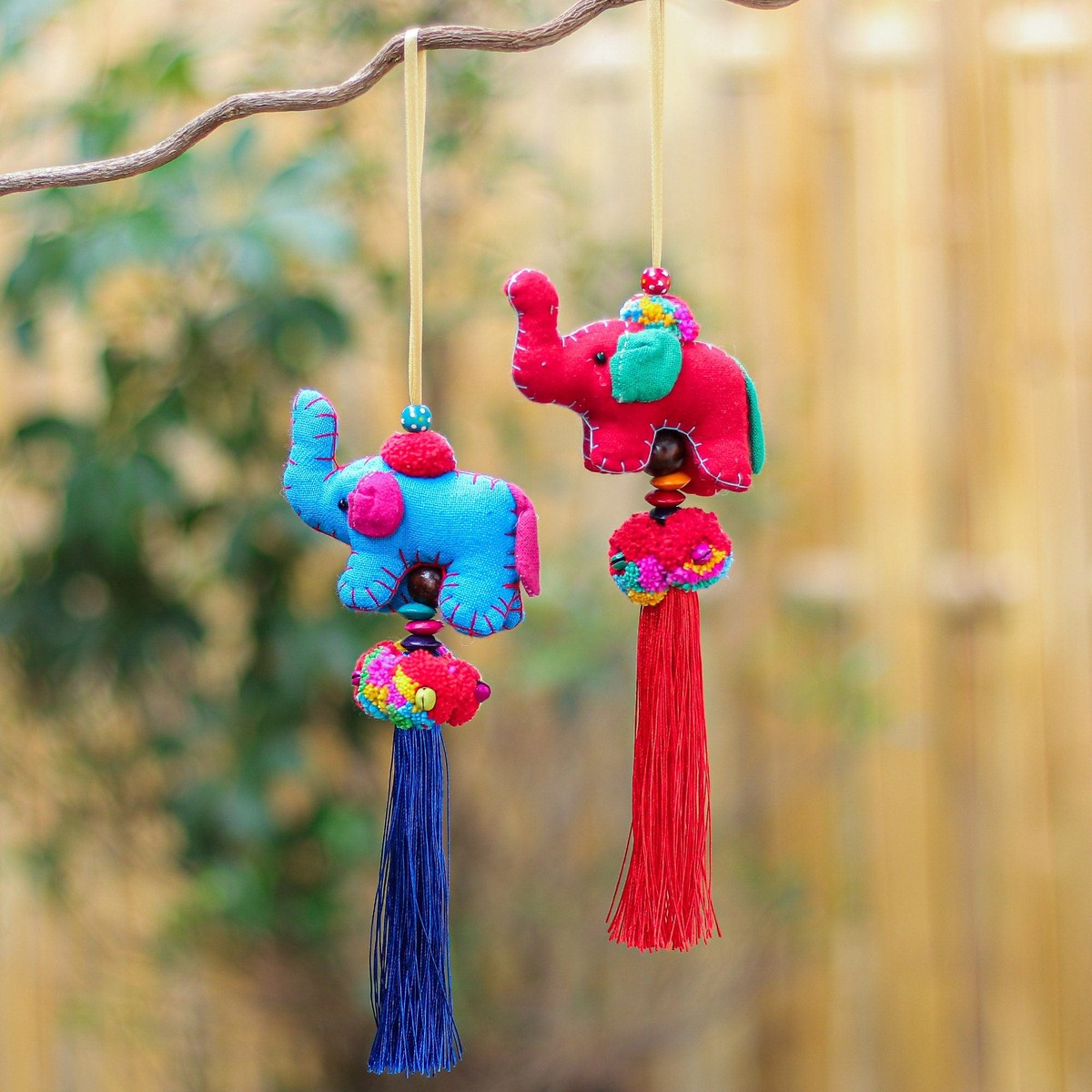 Hand Crafted Cotton-Blend Elephant Ornaments (Pair) - Festive Tusk in Red-Blue